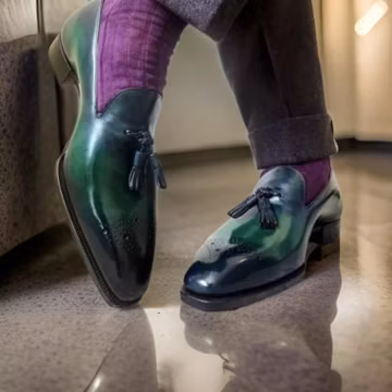 Handmade Green Leather Loafers: Men's Brogue Slip-Ons