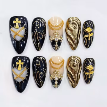 Luxury Medium Almond Press On Nails, Handmade Black Gold Cross Heart Gel Nail Set