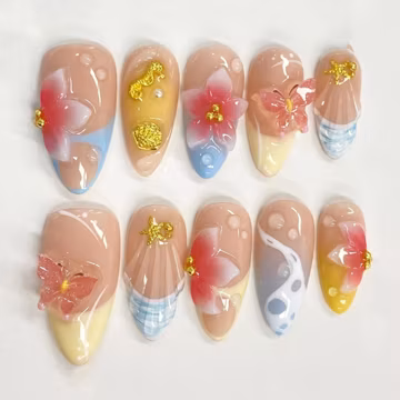 Tropical Beach Press On Nails, 3D Flower Seashell Summer Handmade Vacation Nail Set
