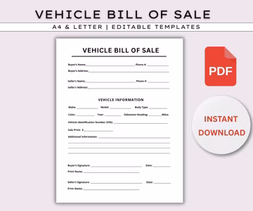 Vehicle Bill of Sale, Printable Motor Vehicle Sale Contract, Vehicle Bill of Sale Template, Bill of Sale Form. Instant Download, PDF