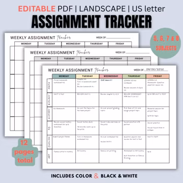Editable Weekly Assignment Tracker: Homeschool & Teacher Planner (PDF Download)