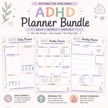 ADHD Planner Bundle, Daily Weekly Monthly Organizer (PDF)