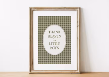 Thank Heaven for Little Boys Nursery Wall Art, Farmhouse Boy's Room Decor Print, Cottagecore Green Plaid Poster, Vintage Style Quote