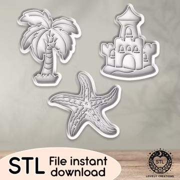 Summer Beach Holiday Sand Castle Palm Tree Starfish Sea Life - STL file for Cookie Cutter, Clay Cutter, Bakery, Fondant, Stamp 3D Printing