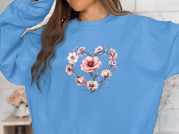 Floral Heart Design V-Neck T-Shirt, Spring Blossoms Art T-Shirt, Pastel Flowers Sweatshirt, Botanical Heart Print Shirt