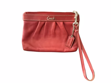 Vintage 2000s Coach Soho Pleated Red Leather Wristlet Pouch - Y2K Designer Mini Bag with Script Logo and White Stitching