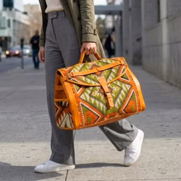 Handcrafted Large Amber Color Leather Travel Bag with Kilim Carpet – Unisex Duffle, Perfect Gift Overnight Carry-On for Men & Women