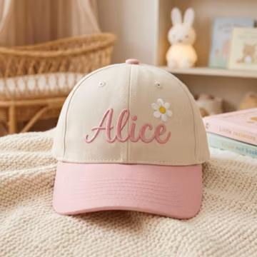 Personalized Baby Girl Hat, Embroidered Name Baseball Cap with Daisy, Pink First Birthday Hat, Baby Shower and Easter Gift