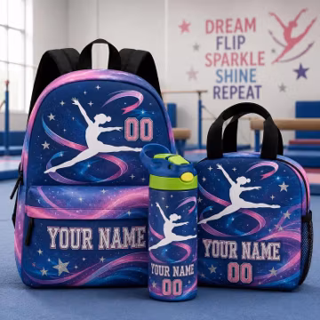 Personalized Cheer Backpack, Lunch Bag, Water Bottle Set, Navy Pink Cheerleading Supplies, Custom Name and Number