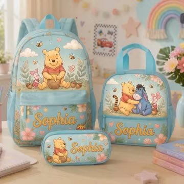 Personalized Winnie the Pooh Backpack Set, Custom Toddler School Bag, Name Lunchbox, Gift for Girl, 1st Day of School Gift, Back to School