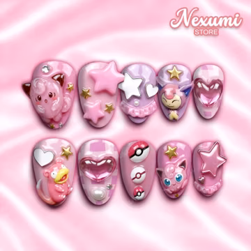 Pink Manga Nails Handmade Press On Nail Set - Jigglypuff, Skitty, Slowpoke - Personalized Nails Art