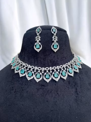Aqua Green CZ Necklace Set with Earrings | Silver Plated AD Stone Wedding Jewellery