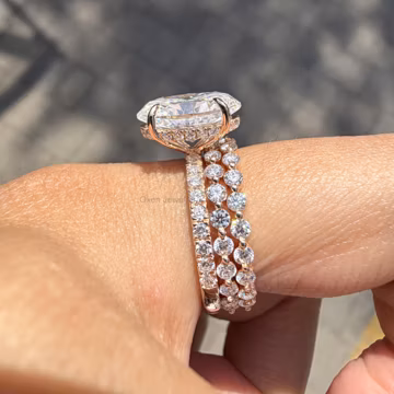 Oval Engagement Ring With 2 Bubble Prong Set Wedding Band Hidden Halo Pave Band Shared Prong Band Full Eternity Band Moissnaite Ring Set