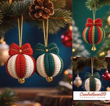 Christmas Bauble Crochet Pattern PDF, Holiday Ornament Crochet, Red & Green Xmas Decoration, Easy Handmade Christmas Ornament