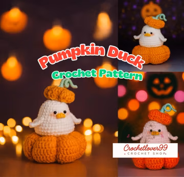 Pumpkin Duck Crochet Pattern PDF – Cute Amigurumi Duck on Pumpkin with Hat | Halloween Fall Crochet Tutorial, DIY Plush Toy