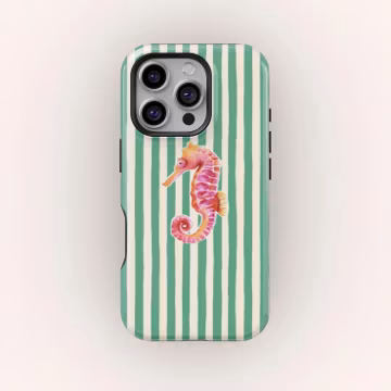 Whimsical Seahorse Phone Case, Stripes Phone Case, Italian Summer Phone Case, iPhone 16 15 14 13 12 Pro Max XS, Samsung Galaxy S25 S24 Ultra