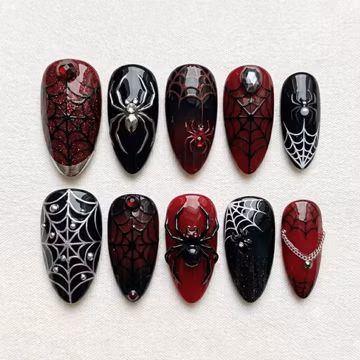 Handmade Spider Web Press On Nails | Gothic Red Black Spider Nail Art | Halloween Gothic Fake Nails | Dark Glam 3D Gothic Nail Set