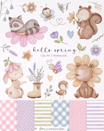 Spring watercolor clipart, Floral spring wall art decor, Cute woodland animals, Spring flowers wreath, Cute garden pals, Nursery design png