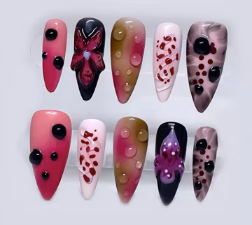 Gothic Halloween Press On Nails, Edgy Pink and Black Fake Nails with 3D Accents, Reusable Spooky Nail Art, Custom Handmade False Nails