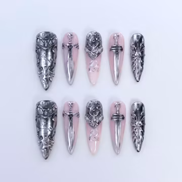 Soft Pink Bow Press On Nails | Cute Princess Style Nails | Minimal Elegant Fashion Nails | High Gloss Glam Finish Nails | Silver Charm Nails