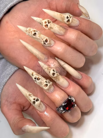 Gothic Skeleton Bone Press On Nails: 3D Sculpted Skull Relief Distressed Texture