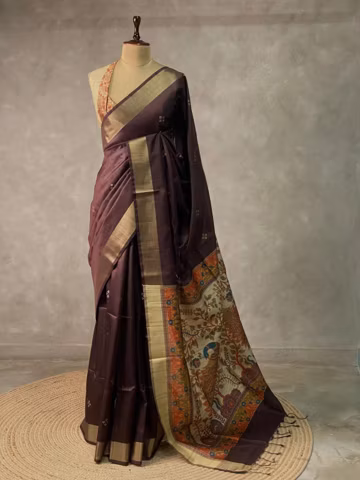 Brown Chanderi Silk Saree with Zari Woven Border & Kalamkari Blouse