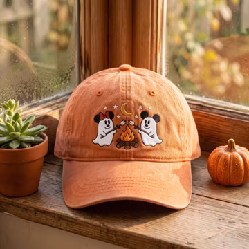 Embroidered Ghost Campfire Washed Cap, Halloween Cap, Halloween Marshmallow Hat, Fall Season Hat