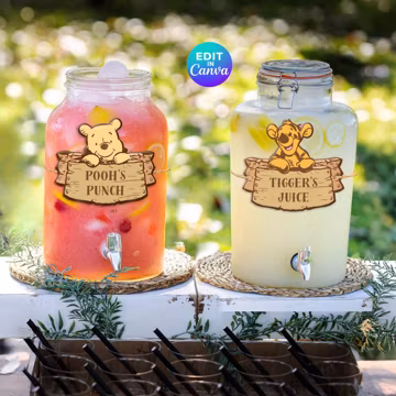 Editable Classic Winnie-the-Pooh Party Drink Labels for Baby Shower Birthday Decorations, Canva Templates, woodland party labels Party Label