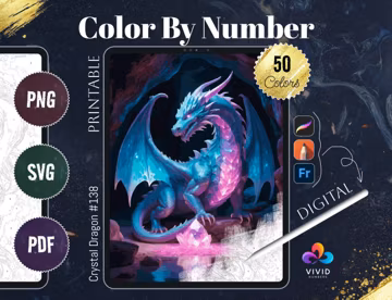 Crystal Dragon Coloring by Number Paint by Numbers Digital Coloring Pages Procreate Coloring Color by Number Fantasy Coloring Digital Pages