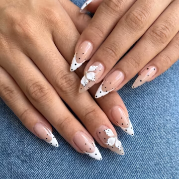 White Polka Dot Press On Nails, Long Stiletto 3D Flower Handmade Nails, Black And White Party Acrylic Nails, Elegant French Tip Fake Nails