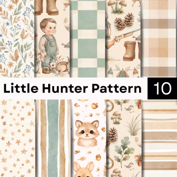 Little Hunter Pattern Bundle | Woodland Boy Digital Paper | Rustic Seamless PNG Set