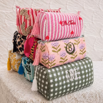 Embroidered Quilted Toiletry Bag With Zipper | Travel Cosmetic Pouch | Custom Block Print Makeup Bag | Girls Trip Gifts