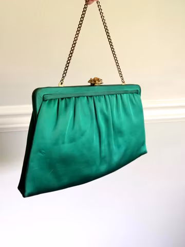 Vintage Jade Green Clutch Bag / Mod 1960's Stylish Handbag Satin Purse