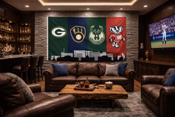Green Bay Milwaukee Wisconsin Sports Flag – Packers Brewers Bucks Badgers Wall Flag | Mancave Garage Decor | Wisconsin Fan Gift