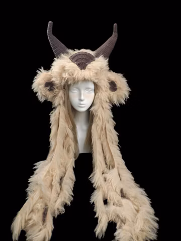 Light Khaki Mountain Goat Horn Hat with Long Shaggy Fur