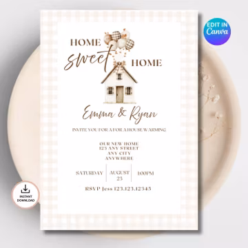 Boho Housewarming Invitation Template, Editable Home Sweet Home, Neutral Cottagecore, Canva Instant Download