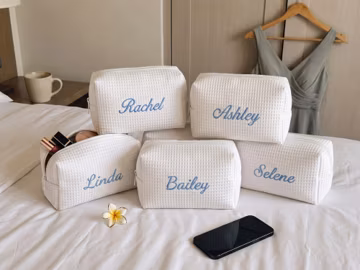 Embroidered Waffle Cosmetic Bag: Personalized Bridesmaid Makeup Bag, Bridal Shower Gift, Monogram Toiletry Bag, Gift for Her, Travel Bag