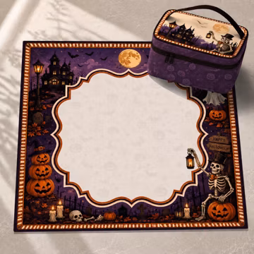 Spooky Skeleton Border Neoprene Mahjong Mat, Purple Pumpkin Haunted Mansion Table Cover, Halloween Tile Game Night Gift, SHIPS ROLLED