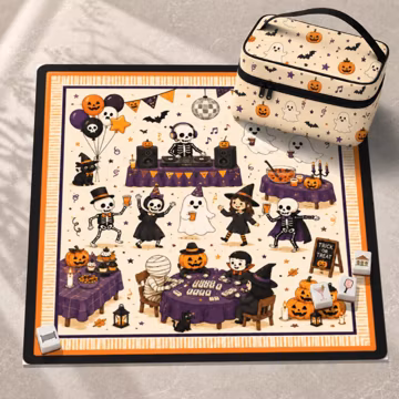 Spooky Disco Party Neoprene Mahjong Mat, Cute Skeleton DJ Halloween Table Cover, Ghost Pumpkin Board Game Night Decor, SHIPS ROLLED