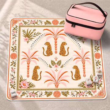 Leopard Palm Neoprene Mahjong Mat, Tropical Chinoiserie Pink Floral Table Cover, Chic Leopard Print Game Night Gift Decor, SHIPS ROLLED