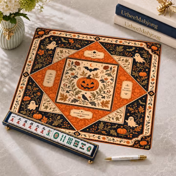 Spooky Halloween Neoprene Mahjong Mat, Vintage Decor, Botanical Pumpkin Mahjong Table Cover, Ghost Raven Bat Game Gift, SHIPS ROLLED