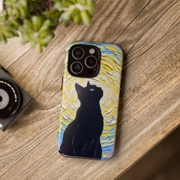 Black Cat Gazing Moon Oil Painting Phone Case
