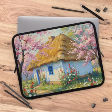 Ukrainian Khata Laptop Sleeve Traditional Hut Cottage Blooming Garden Oil Painting MacBook iPad Sleeve