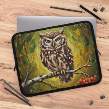 Owl on Branch Laptop Sleeve Autumn Forest Bird Oil Painting MacBook iPad Tablet Sleeve