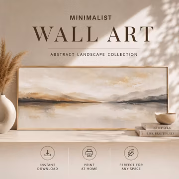Neutral Abstract Landscape Wall Art Print, Panoramic Beige Wall Decor, Minimalist Japandi Printable Art, Extra Wide Modern Poster