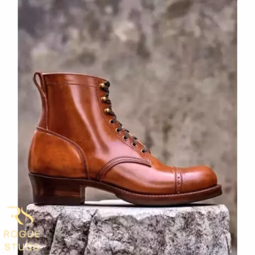 Rogue Studs Handmade Menβs Brown Leather Boots β Cap Toe Lace-Up Boots, Custom Fit Artisan Footwear