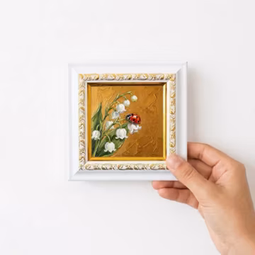 Ladybug on Lily of the Valley Oil Painting, Small Framed Canvas, Hand Painted Wall Art