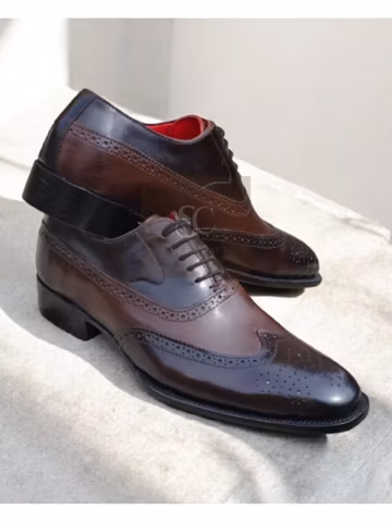 Buy New Handmade Two Tone Brown Leather Lace up Oxford Wingtip Brogue Dress Shoes