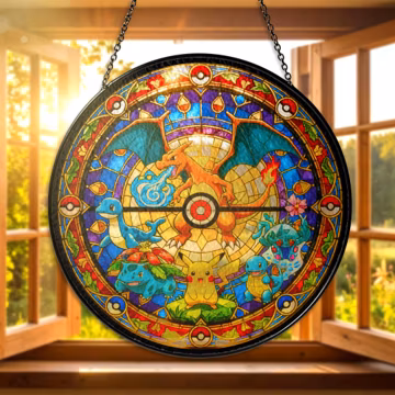 Stained Glass Suncatcher, Pikachu Charizard Squirtle Bulbasaur Charmander Window Hanging, Fan Art Decor, Gift for Fan, Home Decor Suncatcher