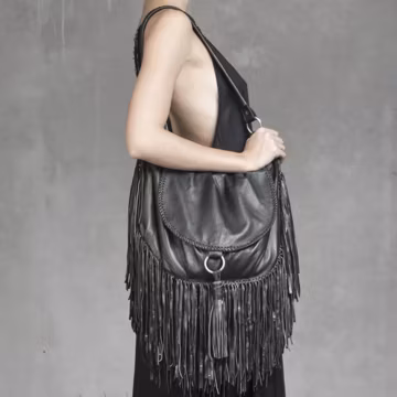 Black Fringe Leather Shoulder Bag Boho Tassel Handbag Crossbody Hobo Bag